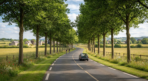 Tree-lined avenue through a plotted layout